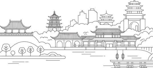 Fototapeta premium Detailed Line Art of Asian Skyline with Pagodas and Modern Buildings in a Flat Design Style