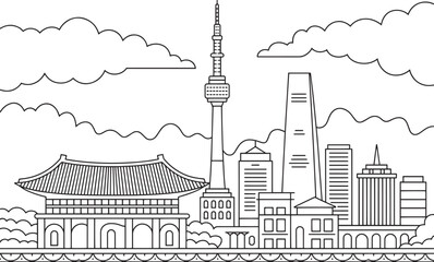 Obraz premium Detailed Line Art of Seoul Skyline with N Seoul Tower and Traditional Architecture Outline Vector