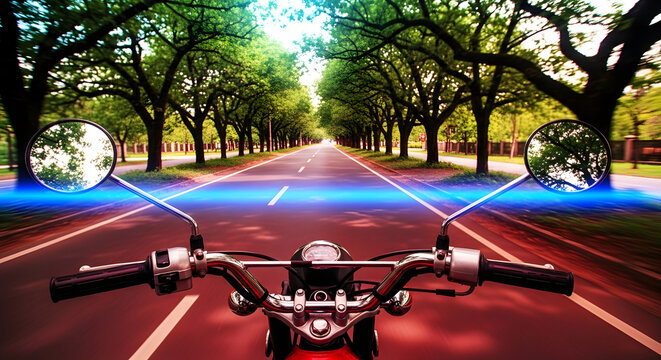Point-of-view shot of a motorcycle on a tree-lined road with a futuristic augmented reality display.