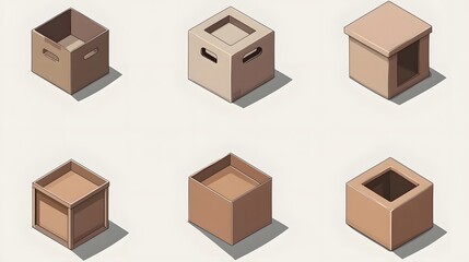 Fototapeta premium Six Isometric Cardboard Boxes Packaging Design Illustrations