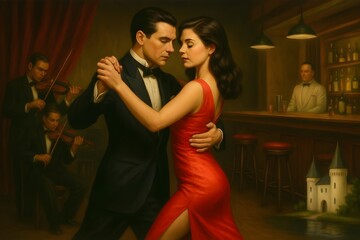 Paar tanzt Tango in einer Bar mit Geiger  und Barkeeper