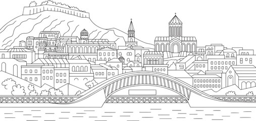 Obraz premium Detailed Tbilisi Skyline Vector Illustration A Captivating Outline of Georgia's Capital City