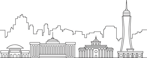 Fototapeta premium Detailed Ulaanbaatar Skyline Vector Illustration with Landmarks in Outline Style on Transparent