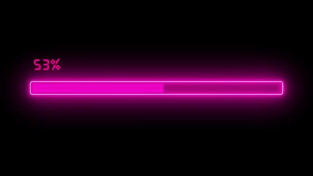 Neon loading bar animation counting from 0 to 100 percent with glowing progress effect on dark black background symbolizing update charge download concept.


