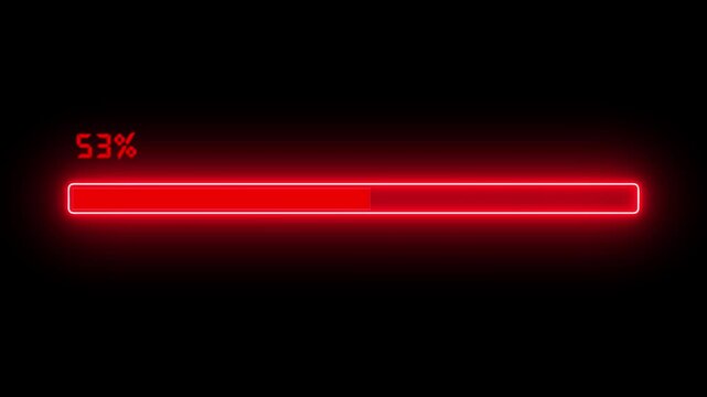 Red neon loading bar animation counting from 0 to 100 percent with glowing progress effect on black background symbolizing digital update, charge, download, and modern progress concept.

