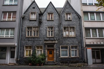 Amidst a lively city street, a historic black slate building proudly stands between sleek modern structures, bathed in the soft light of early morning
