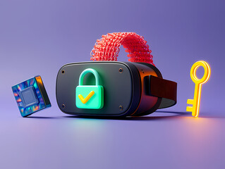 Photo of a virtual reality headset with a lock and key, representing cybersecurity and data protection concept