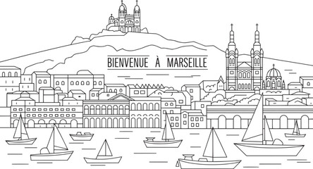Fototapeta premium Marseille Skyline Vector Illustration A Detailed Outline of the Cityscape with Iconic Landmarks
