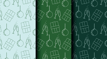 Holiday seamless pattern set with Christmas elements. Vector design with three color options for festive cards, packaging, and textile.