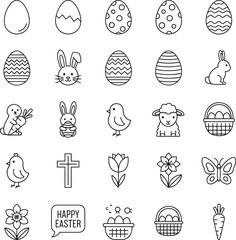Easter icons, Easter egg, bunny, chick, lamb, cross, spring flower, Easter basket, carrot, butterfly, Happy Easter outline icons, holiday symbols