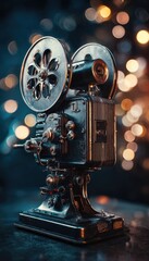 Fototapeta premium A vintage film projector, weathered and dark, sits center against a bokeh background of warm and cool lights
