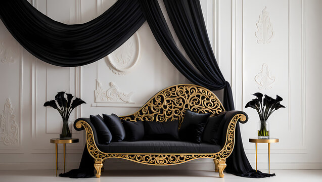 Photo of luxurious black and gold sofa with ornate details in an elegant interior design setting