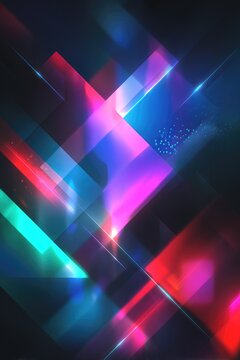 Abstract digital art featuring vibrant, intersecting geometric shapes in shades of pink, red, teal, and blue, set against a dark background with lens flares and subtle texture