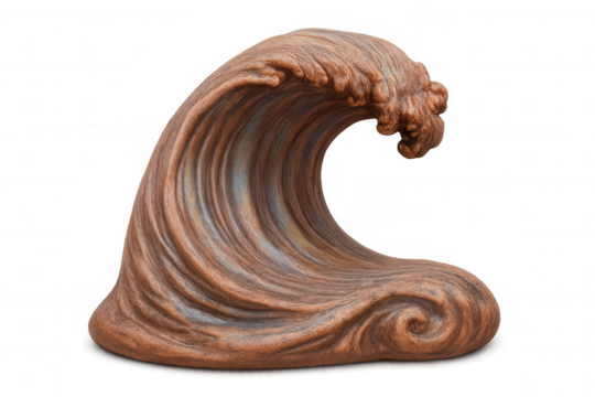 Wooden wave sculpture breaking, isolated on transparent background, perfect for artistic compositions
