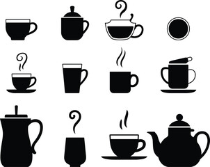 Set of Black and White Beverage Icons Featuring Coffee Cups, Mugs, Teapots, and Steaming Drinks in Minimalist Vector Style for Cafe Design