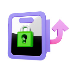 3D illustration of a secure mobile device with a green padlock and an upward curving arrow, symbolizing data protection and transfer.