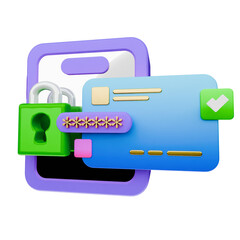 Fototapeta premium 3D render of a smartphone with a secure credit card, padlock, and password field, representing online payment security and data protection.