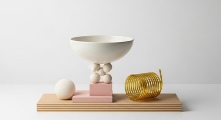 Modern geometric sculpture with spheres, bowl, and metal coil on wooden base
