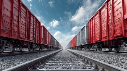 Obraz premium Two Parallel Lines of Modern Freight Train Cars Under Blue Sky