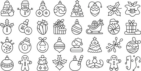 Christmas holiday vector icons with snowman, gifts, ornaments, Christmas tree, mistletoe, candy cane, Santa, festive decoration symbols