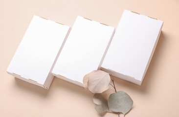 Mockup of White cardboard boxes for product presentation and dry grass on beige background. Creative layout