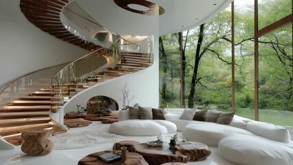 This stunning interior showcases a harmonious blend of modern architecture and organic design elements