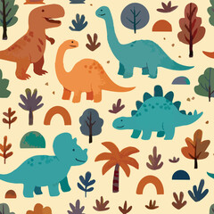 Dinosaurs Prehistoric Dino tyrannosaurus brontosaurus triceratops stegosaurus Fun Print Kids Children Boy Print Design in Vector © Karena McWhirter