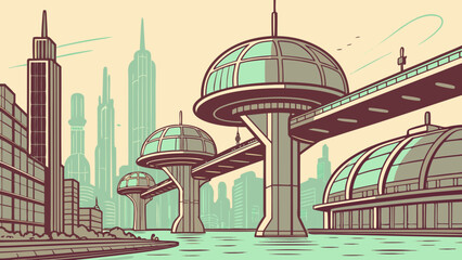 A serene futuristic city at sunrise with floating dome habitats suspended over shining towers, water canals weaving through the city reflecting the glowing domes, 