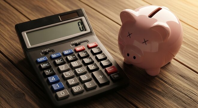 Calculator and broken piggy bank on a wooden table, representing financial problems and saving money concepts and the need for financial planning