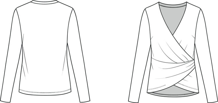 Fashion flat sketch of women’s long sleeve wrap blouse with draped crossover front, v-neckline, casual elegant top design vector illustration