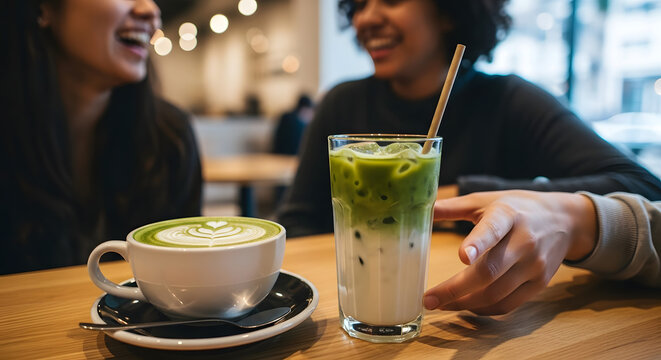 Close-up of a cup of coffee and a matcha latte on a wooden table with two diverse women chatting in the background in a cafe - Powered by Adobe