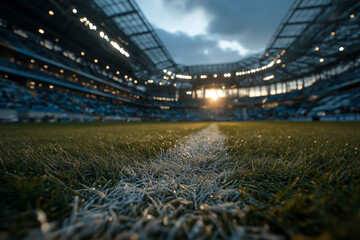 Close Up View of Soccer Field Grass and White Line in a Large Stadium at Dusk or Early Evening