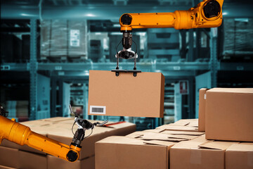 Smart robot arm system for innovative warehouse and factory digital technology . Automation manufacturing robot controlled by industry engineering using IOT software connected to internet network .