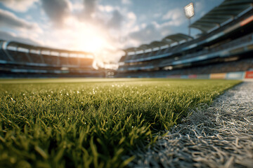 Fototapeta premium Lush Green Grass Field at a Large Stadium Bathed in Sunlight Sports Venue Ready for a Game