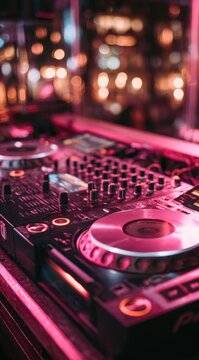 Close-up of a DJ mixer and CD player bathed in vibrant pink light, set against a blurred backdrop of warm-toned city lights