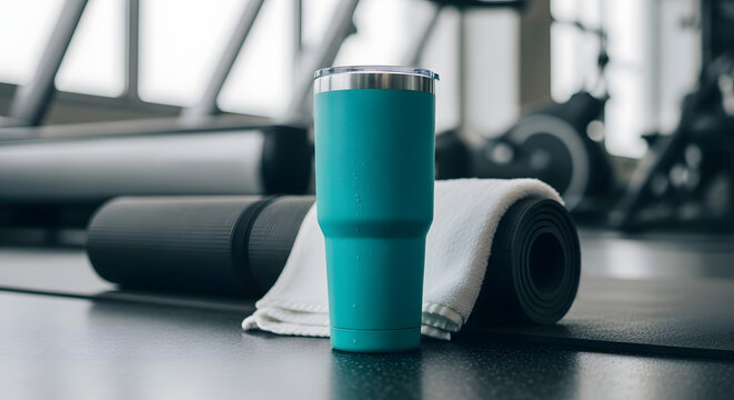 Close-up of a teal tumbler on a yoga mat in a gym with exercise equipment - Powered by Adobe