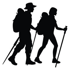 Silhouette of couple hiking with backpacks and trekking poles adventure lifestyle