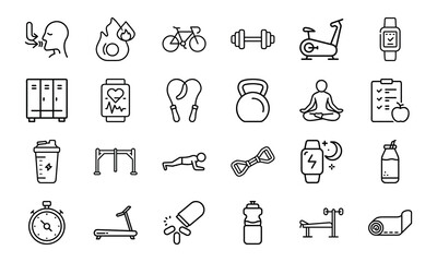 Fitness and Gym Outline Icons Set – Workout, Exercise, Dumbbell, Yoga, Running, Cycling, Treadmill, Smartwatch, Nutrition, Health, and Sports Equipment Vector Pack