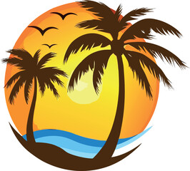 A vector illustration of a palm tree silhouette on a tropical beach at sunset, showcasing the summer landscape