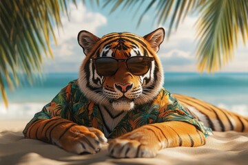 Relaxed Bengal tiger in Hawaiian shirt on beach