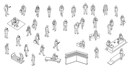 Isometric people illustrations diverse crowd in various poses showcasing modern lifestyles and urban scenes ideal for architectural renders and infographics