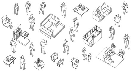 Isometric people in office space illustrating teamwork collaboration and agile workspace flexibility perfect for showcasing company culture and modern business environments.