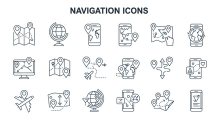 navigation icons line vector illustrations for mobile app ui website and presentation depicting maps globe  location pins for business travel and modern design