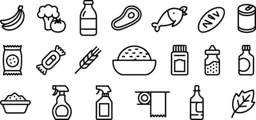 Food icons, grocery symbols, kitchen ingredients, cleaning supplies, cooking essentials, grocery store vector, food items, household products, kitchen vector set, cooking icons