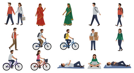 people doing different activities couples walking indian women cyclists delivery man relaxing and working with laptop illustrating modern lifestyle