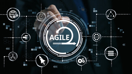 Obraz premium Agile project management using teams and agile planning for agile development. Agile enables flexibility, collaboration, and continuous improvement across modern workflows. Elide