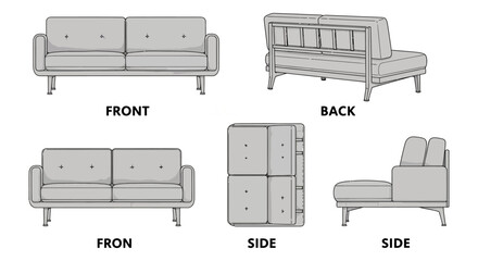 sofa illustration showcasing a modern sofa from front back and side angles conveying furniture design details for product catalogs and interior design projects.
