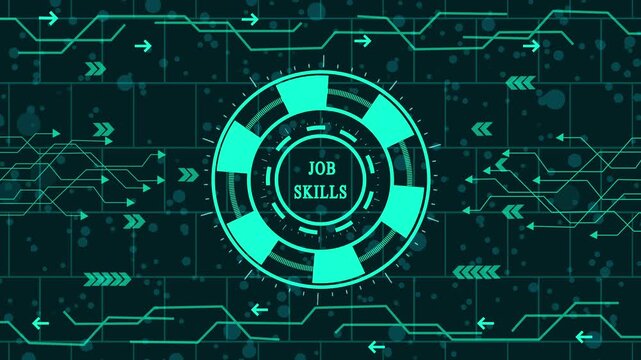 Futuristic job skill concept with digital circuit board background, showcasing career development, professional training, and workforce readiness for employment success
