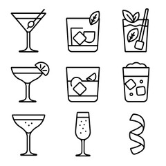 Cocktail Outlines. Outline style icon of Cocktail Lounge Drinks: martini glass, old fashioned, mojito mint, cosmopolitan, negroni