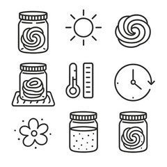 Solar Dye Setup Icons. Outline style icon of Solar Dye Setup: glass jar, sunlight ray, fabric coil, screw lid, heat mat,